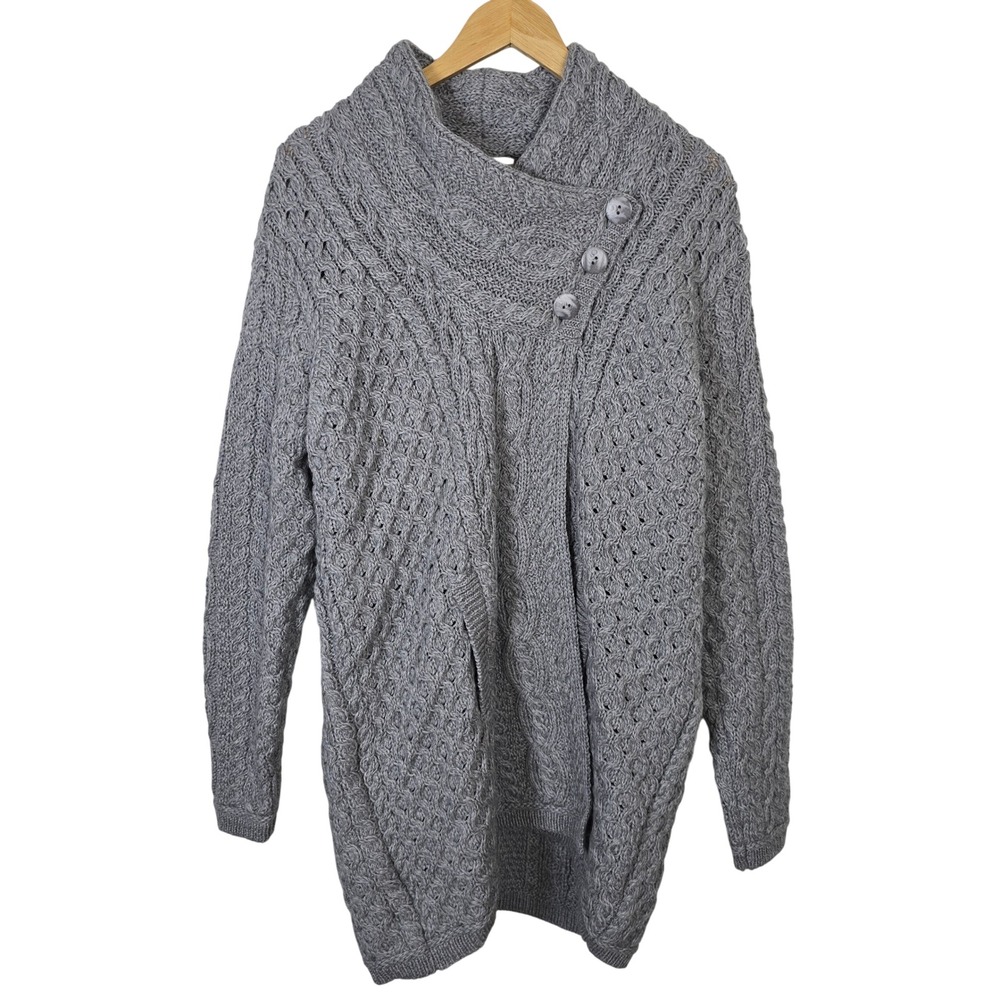 Aran Crafts Ireland 100% Merino Wool Gray Cable Knit Button Cardigan Sweater XL